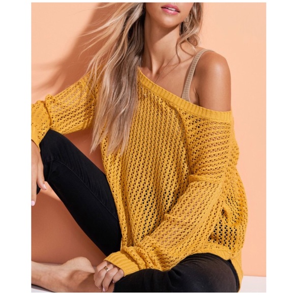 Sweaters - Mustard Honeycomb Hi Lo Knit Long Sleeve Sweater
